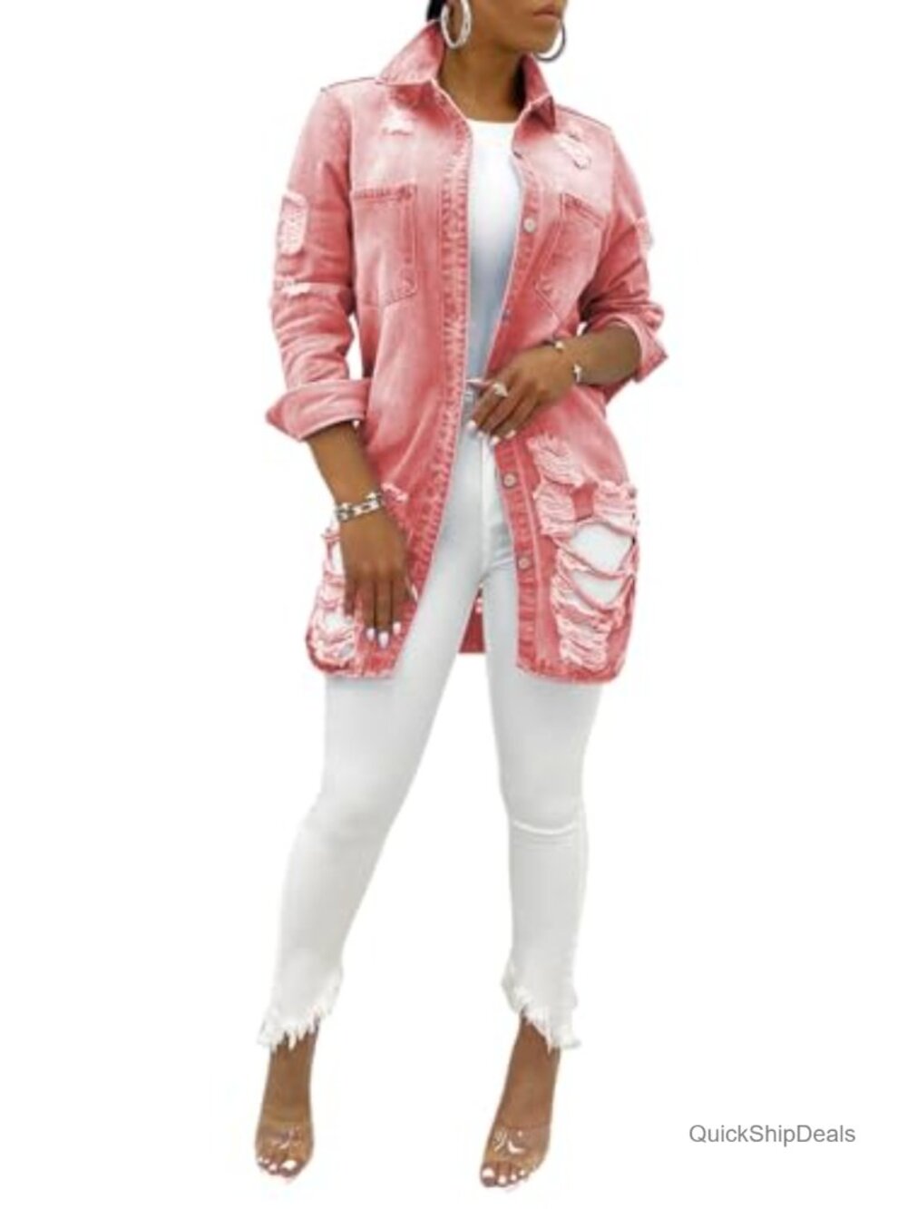 Long Denim Jacket Women Classic Trucker Ripped Oversized Jean Coat - Picture 3 of 5